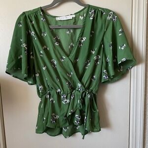ASTR The Label Green Floral Wrap Flutter Sleeve Peplum‎ Top Women's Size S